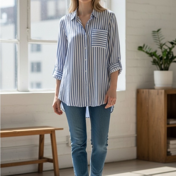 Elegant Blue Jane + Delancey Striped Button Down Shirt - Picture 2 of 5